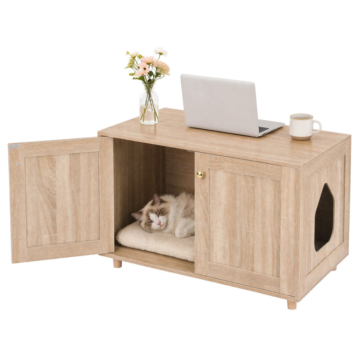 Artiss 2-In-1 Coffee Table Pet Cat House Wooden Side Table Storage Cabinet 80x50x55CM