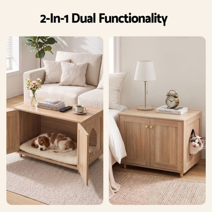 Artiss 2-In-1 Coffee Table Pet Cat House Wooden Side Table Storage Cabinet 80x50x55CM