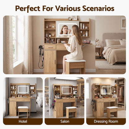 Artiss Dressing Table Vanity Desk Set Stool LED Charging Station Wood