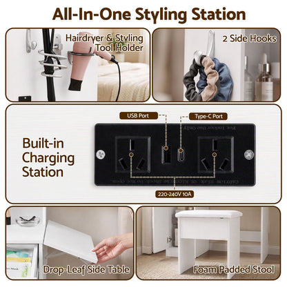 Artiss Dressing Table Vanity Desk Set Stool LED Charging Station White