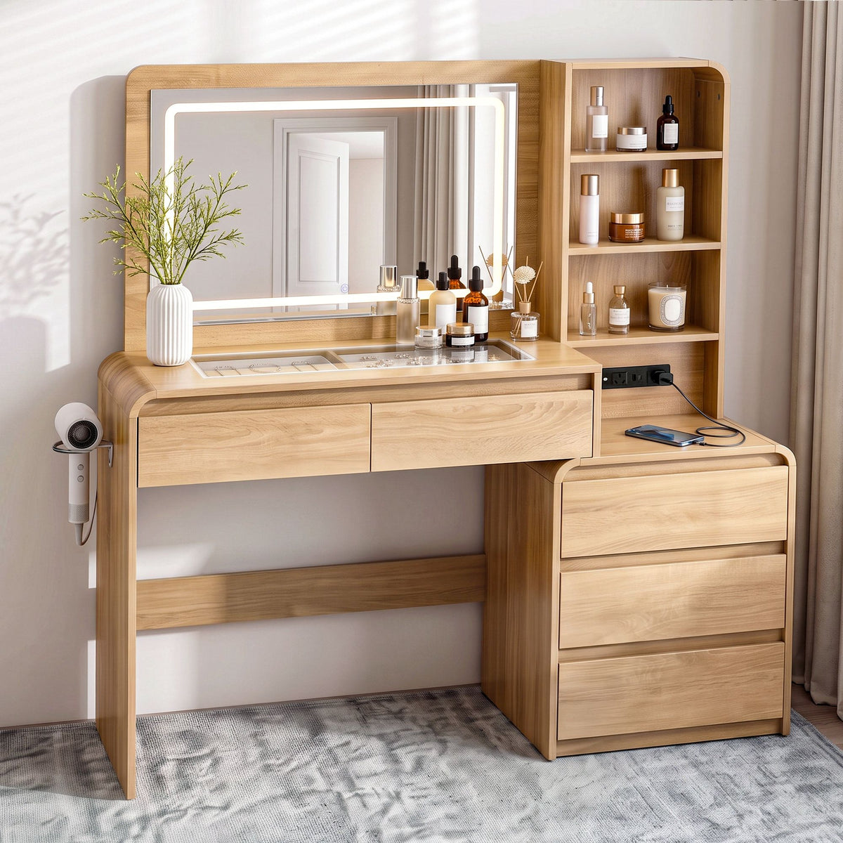Artiss Dressing Table Makeup Vanity Desk LED Mirror Drawers Charging Station Curved Edge Wood