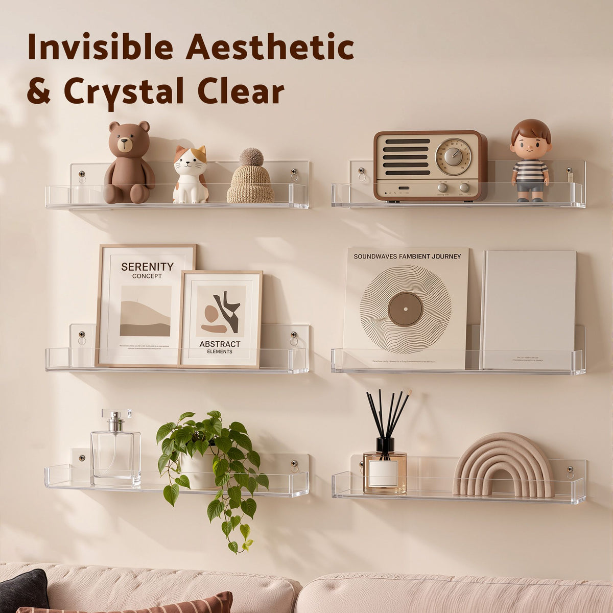 Artiss 6-Pack Acrylic Wall Shelves, Clear Floating Display Shelf with Detachable Panels & Front Lip