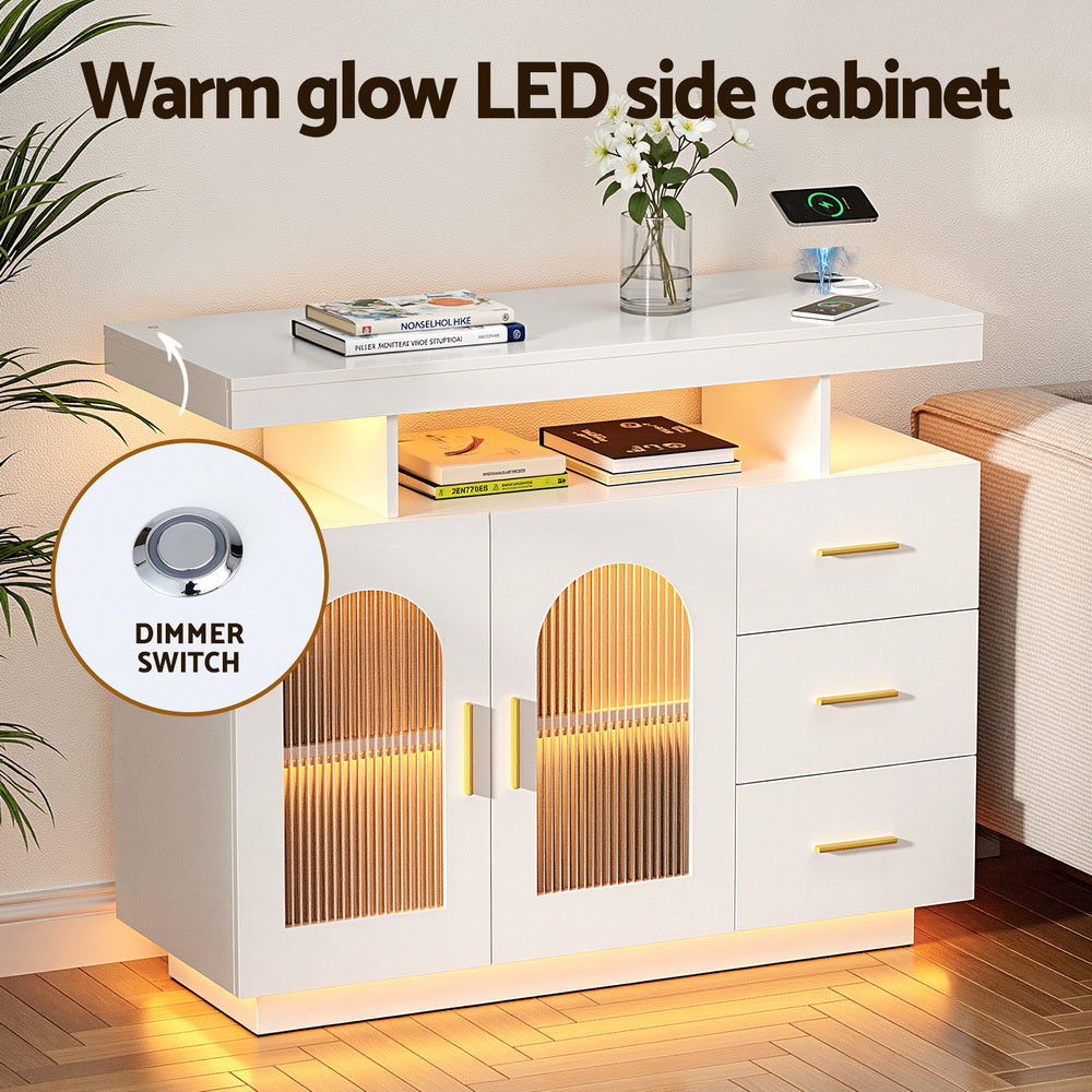 Artiss Buffet Sideboard Cabinet LED Clear Door Kitchen Storage Drawers White