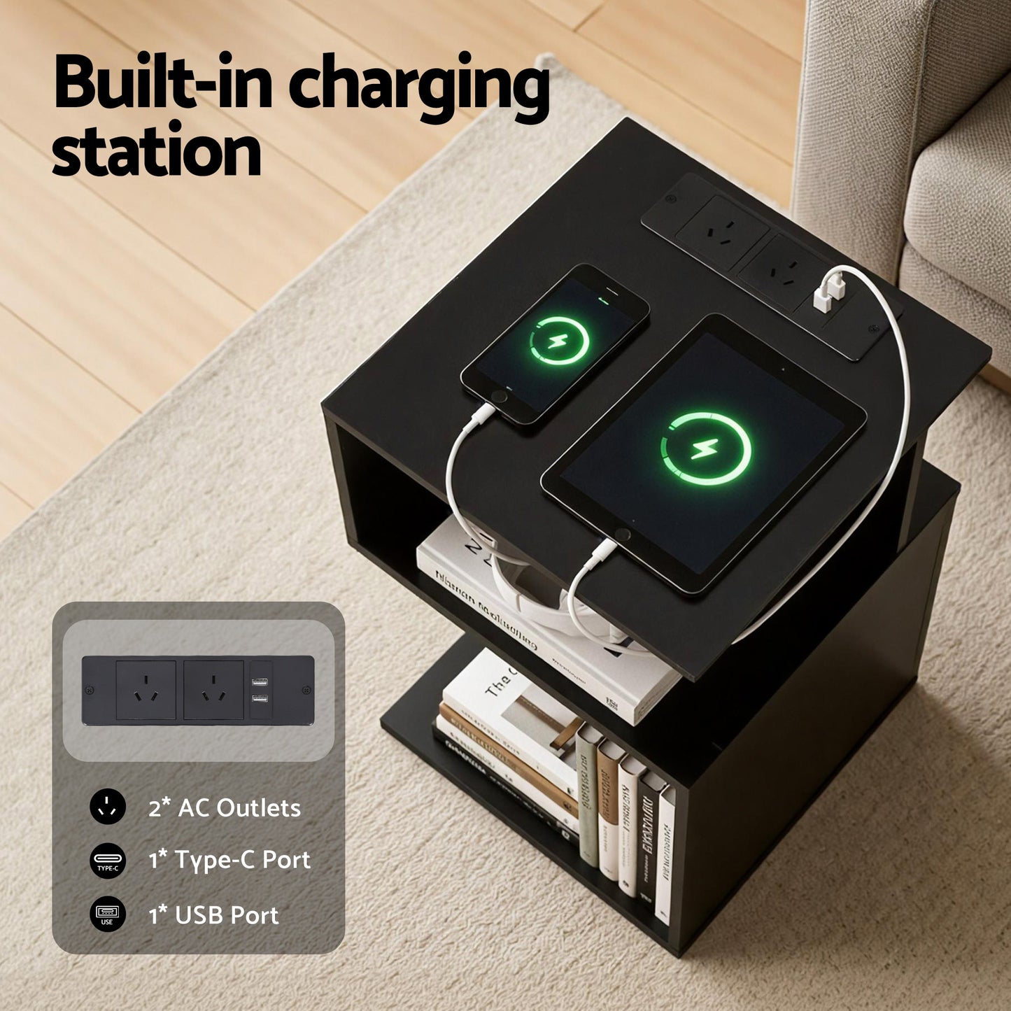 Artiss Bedside Table 2 Shelves S-Shaped Charging Station Black