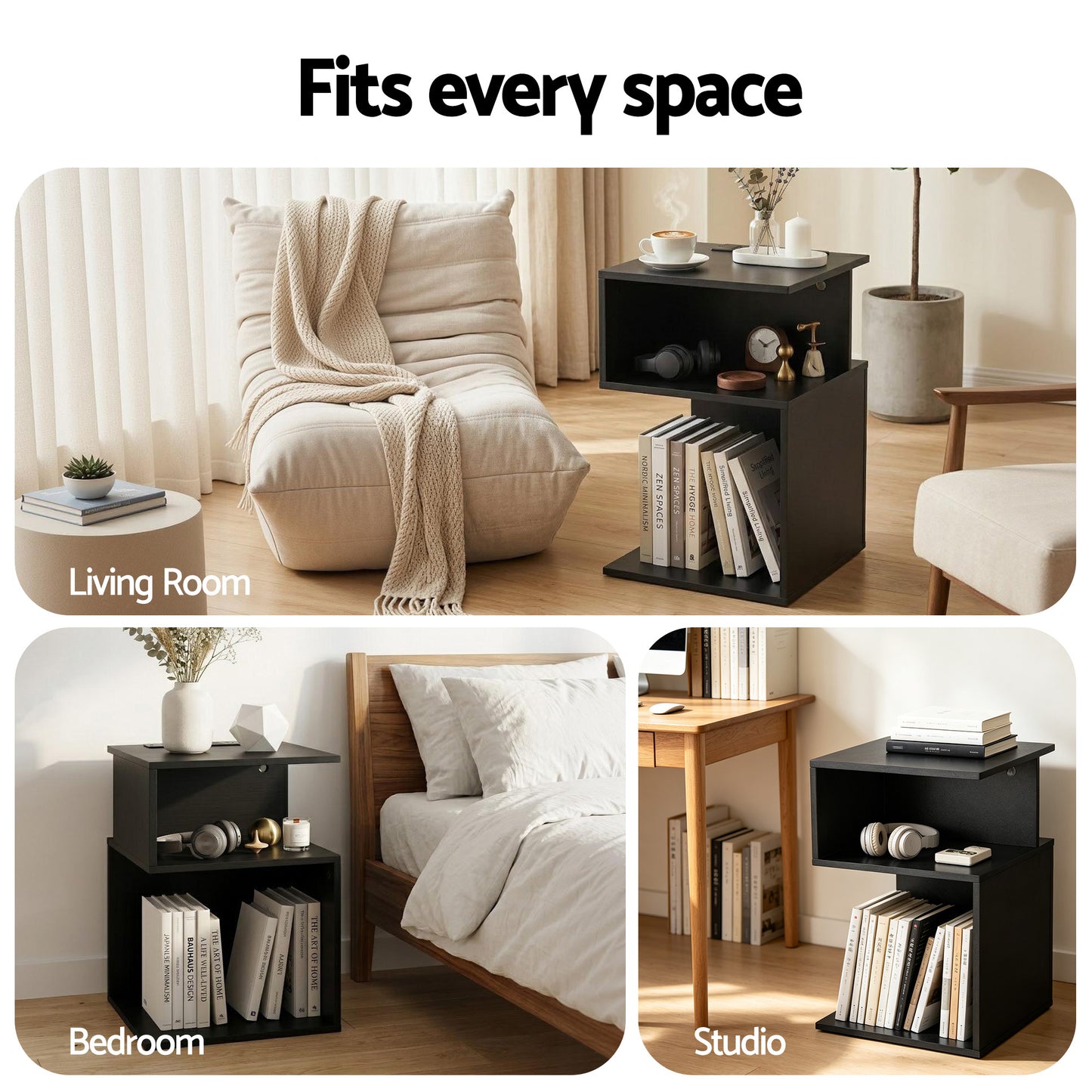 Artiss Bedside Table 2 Shelves S-Shaped Charging Station Black
