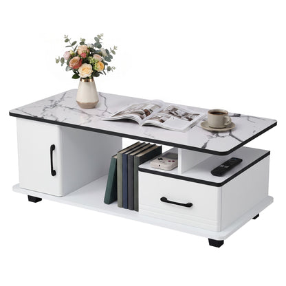 Artiss Coffee Table Marble Finish Center Table with Storage Drawer Cabinet Wood White