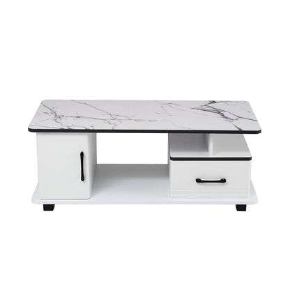 Artiss Coffee Table Marble Finish Center Table with Storage Drawer Cabinet Wood White