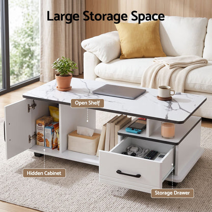 Artiss Coffee Table Marble Finish Center Table with Storage Drawer Cabinet Wood White