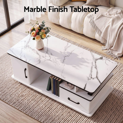 Artiss Coffee Table Marble Finish Center Table with Storage Drawer Cabinet Wood White