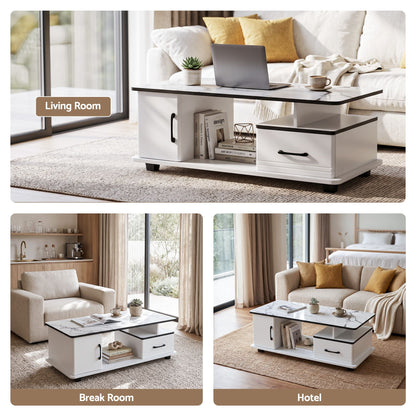 Artiss Coffee Table Marble Finish Center Table with Storage Drawer Cabinet Wood White