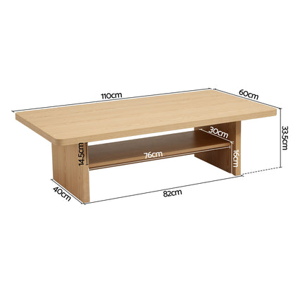 Artiss Coffee Table 110cm Center Table with 2-Tier Open Storage Shelf Wood