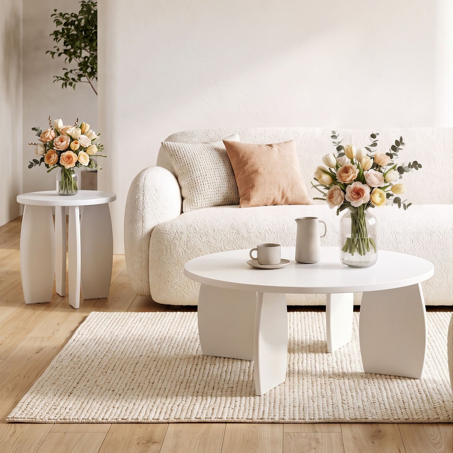 Artiss Round End Table High-Gloss Small Coffee Table Side Bedside Nightstand 40x45cm Cream white