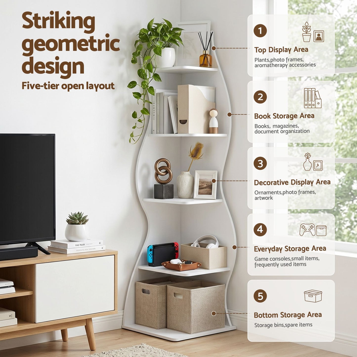 Artiss 5-Tier Bookshelf Corner Shelf S-shaped Storage Rack White