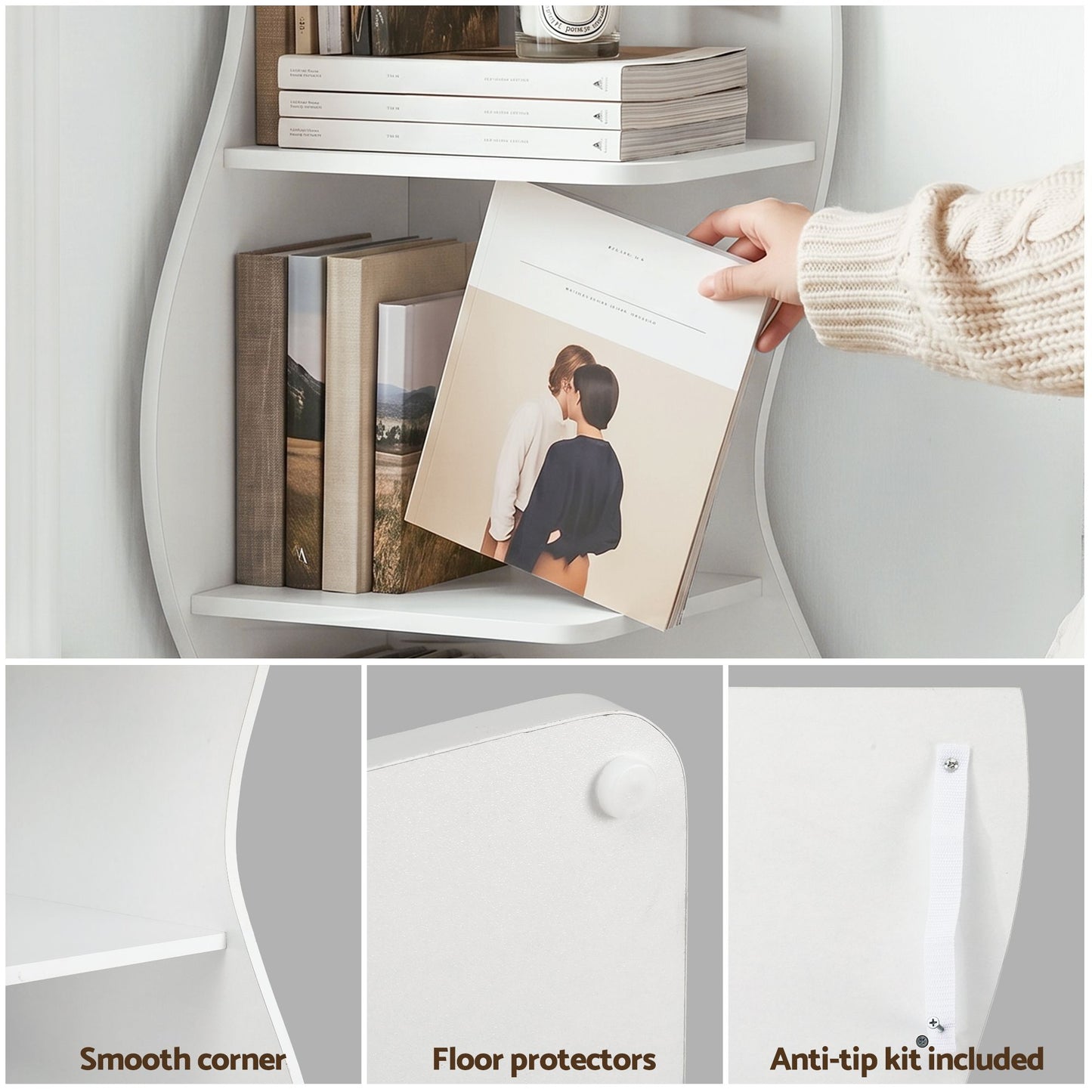 Artiss 5-Tier Bookshelf Corner Shelf S-shaped Storage Rack White
