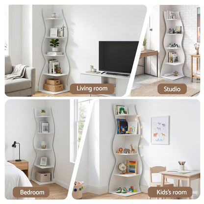 Artiss 5-Tier Bookshelf Corner Shelf S-shaped Storage Rack White