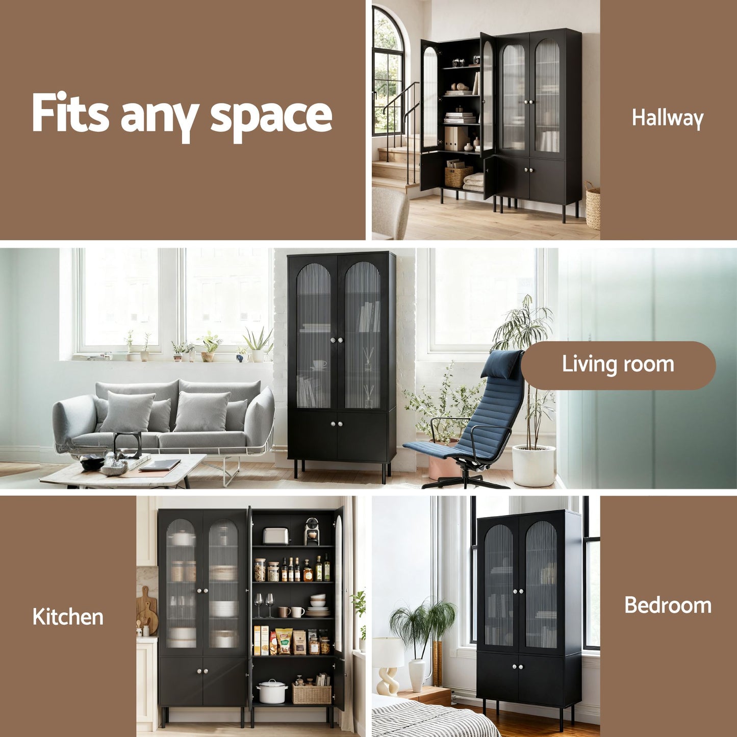 Artiss 2x Buffet Sideboard Cabinet Pantry 5-Tier Storage Cupboard Fluted Black