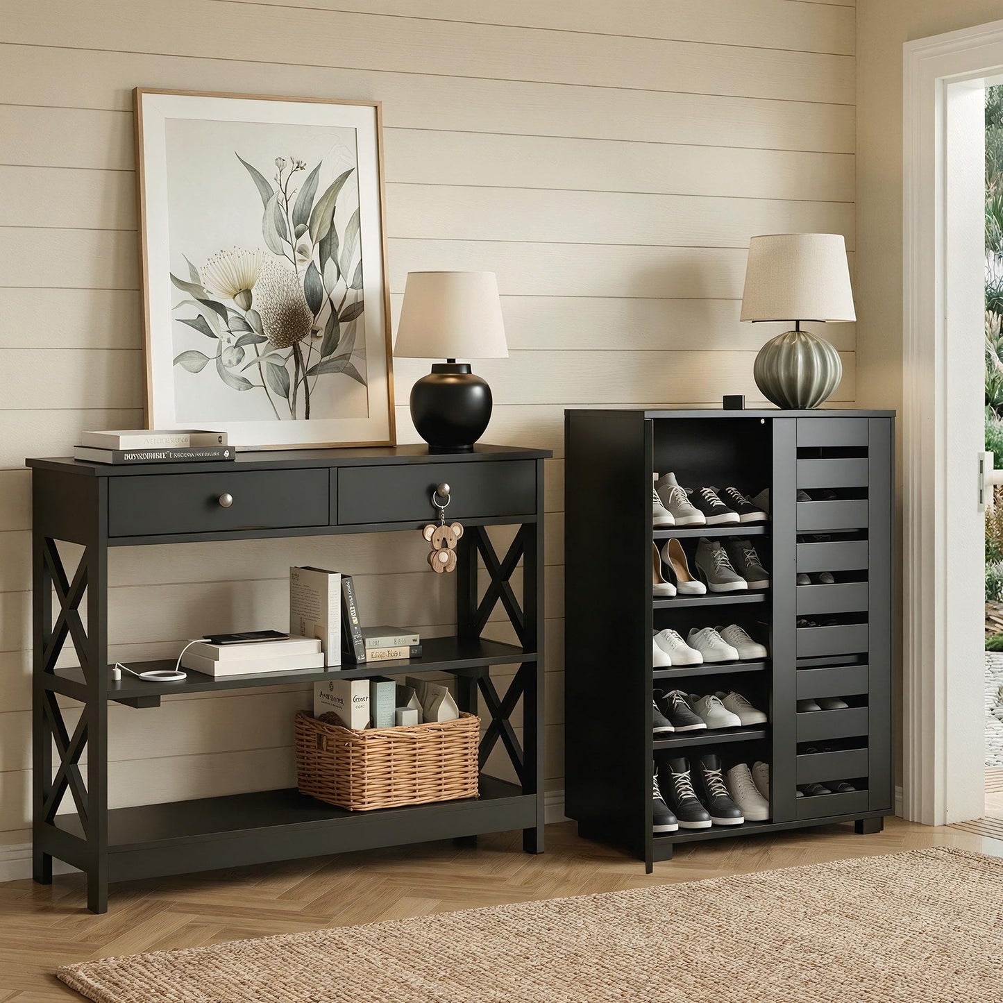 Artiss Shoe Rack Cabinet & Console Table Set Storage Shelf Black