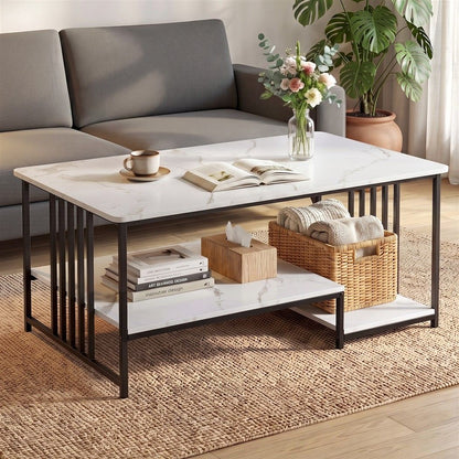 Artiss Coffee Table 100cm Faux Marble Finish Center Table 2-Tier Storage White&Black