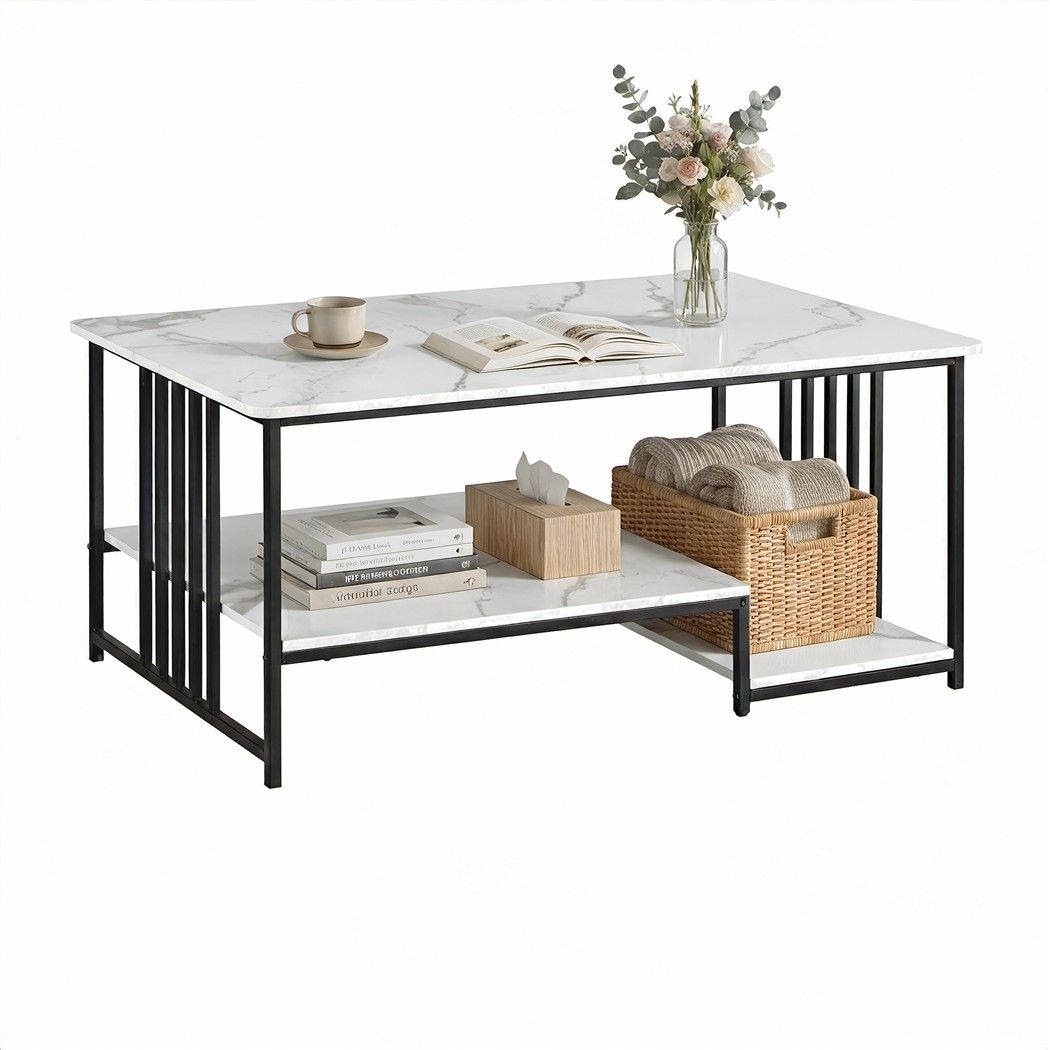 Artiss Coffee Table 100cm Faux Marble Finish Center Table 2-Tier Storage White&Black