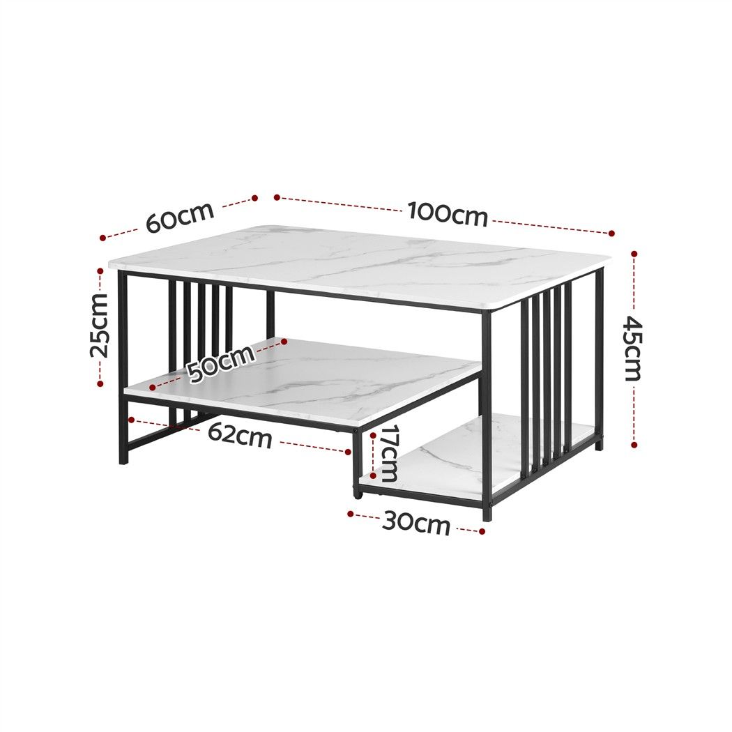 Artiss Coffee Table 100cm Faux Marble Finish Center Table 2-Tier Storage White&Black