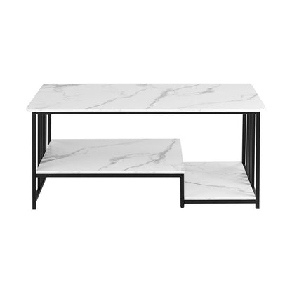 Artiss Coffee Table 100cm Faux Marble Finish Center Table 2-Tier Storage White&Black