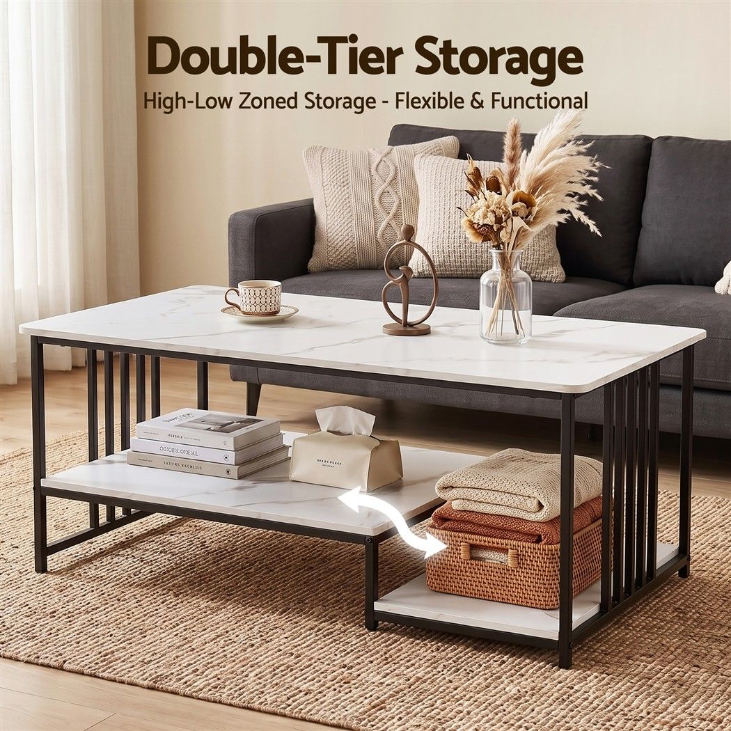 Artiss Coffee Table 100cm Faux Marble Finish Center Table 2-Tier Storage White&Black