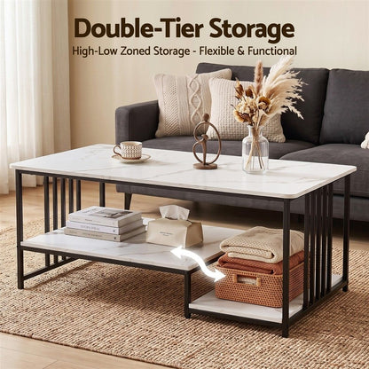 Artiss Coffee Table 100cm Faux Marble Finish Center Table 2-Tier Storage White&Black