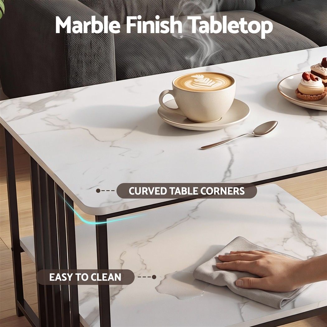 Artiss Coffee Table 100cm Faux Marble Finish Center Table 2-Tier Storage White&Black
