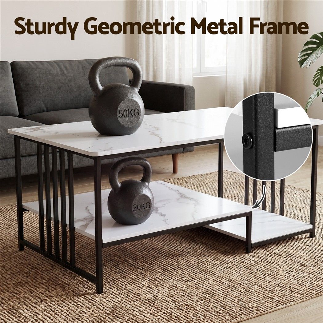 Artiss Coffee Table 100cm Faux Marble Finish Center Table 2-Tier Storage White&Black