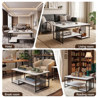 Artiss Coffee Table 100cm Faux Marble Finish Center Table 2-Tier Storage White&Black