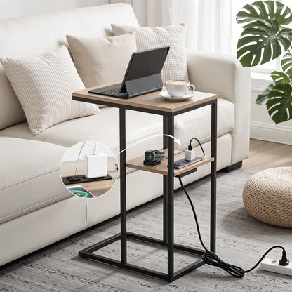 Artiss C-Shaped End Table Charging Station 2-Tier Side Coffee Table Bedside Wood