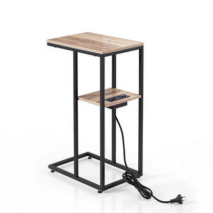Artiss C-Shaped End Table Charging Station 2-Tier Side Coffee Table Bedside Wood