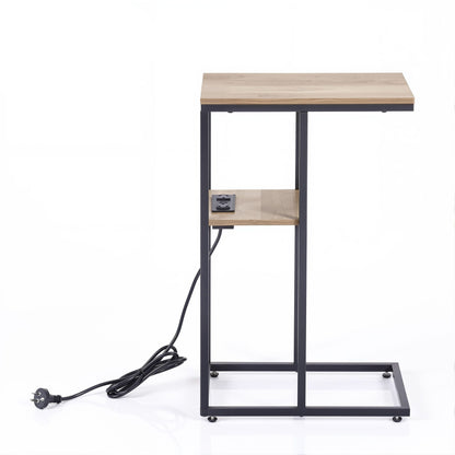 Artiss C-Shaped End Table Charging Station 2-Tier Side Coffee Table Bedside Wood