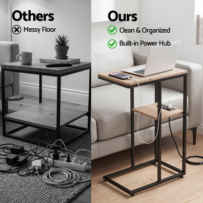 Artiss C-Shaped End Table Charging Station 2-Tier Side Coffee Table Bedside Wood