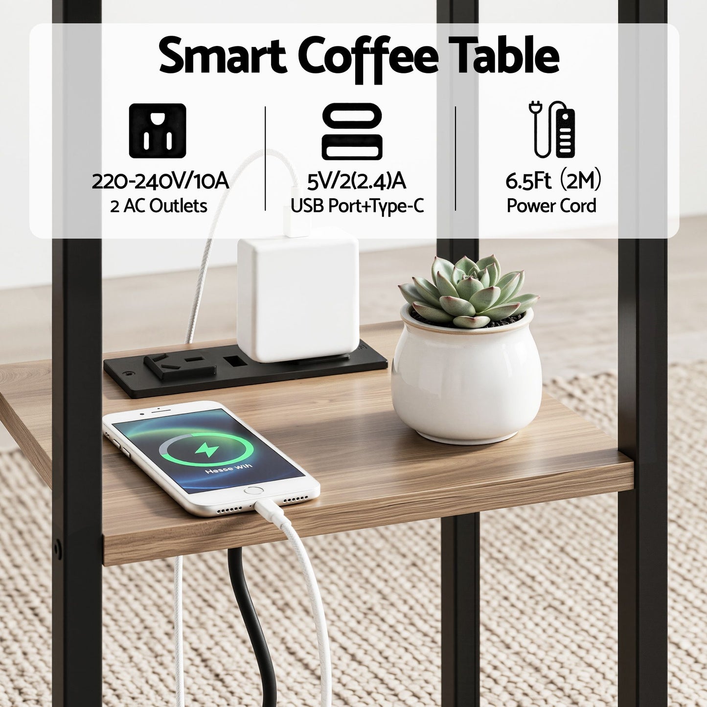 Artiss C-Shaped End Table Charging Station 2-Tier Side Coffee Table Bedside Wood
