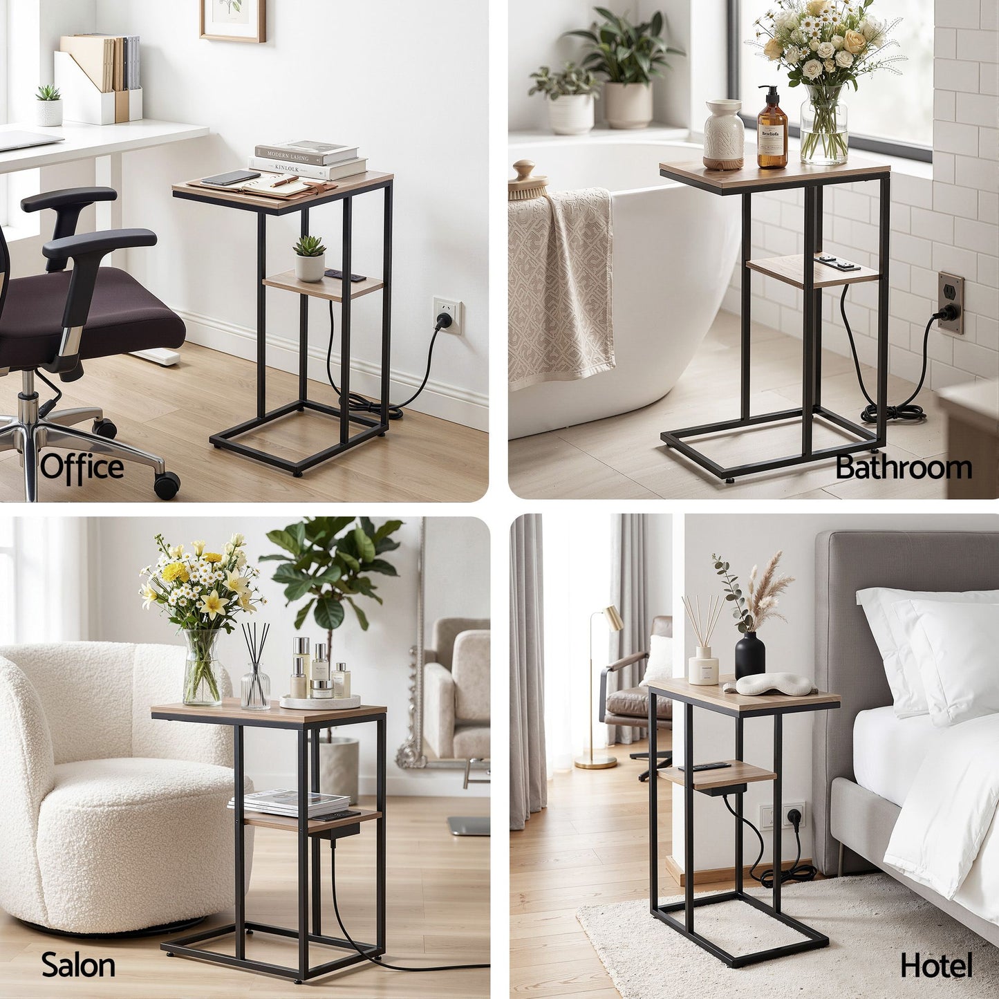 Artiss C-Shaped End Table Charging Station 2-Tier Side Coffee Table Bedside Wood