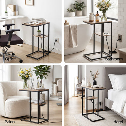 Artiss C-Shaped End Table Charging Station 2-Tier Side Coffee Table Bedside Wood