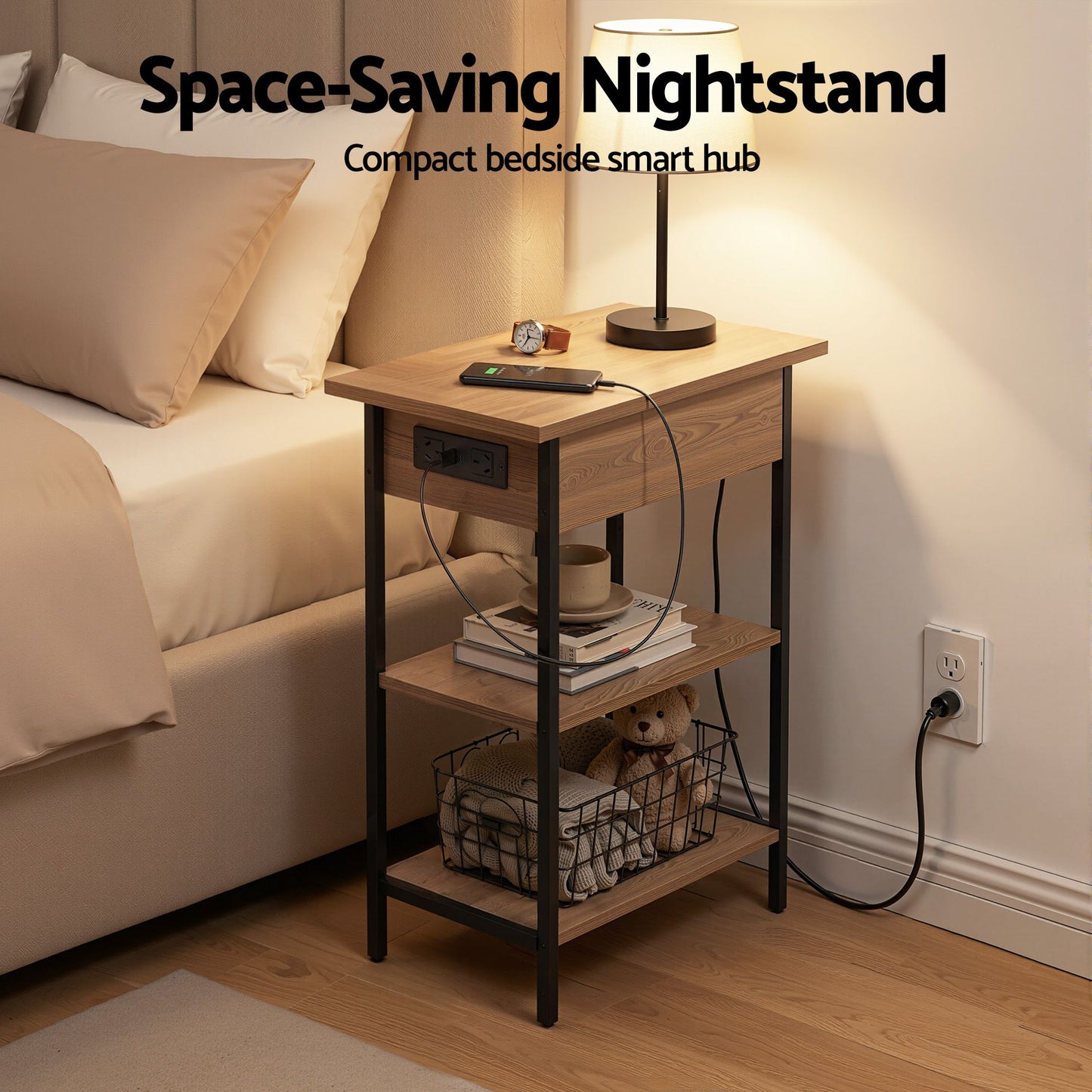 Artiss Coffee Table Side Bedside End Table Charging Station Flip-Top Storage 60cm Wood