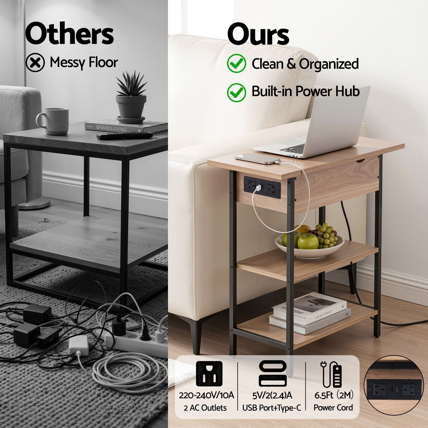 Artiss Coffee Table Side Bedside End Table Charging Station Flip-Top Storage 60cm Wood
