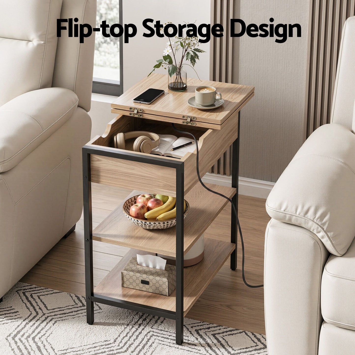 Artiss Coffee Table Side Bedside End Table Charging Station Flip-Top Storage 60cm Wood
