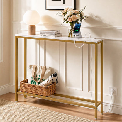 Artiss Console Table Entryway Hallway Display Desk Charging Station Marble Finish White & Gold