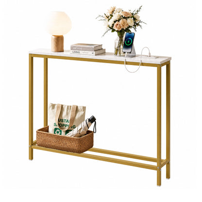 Artiss Console Table Entryway Hallway Display Desk Charging Station Marble Finish White & Gold