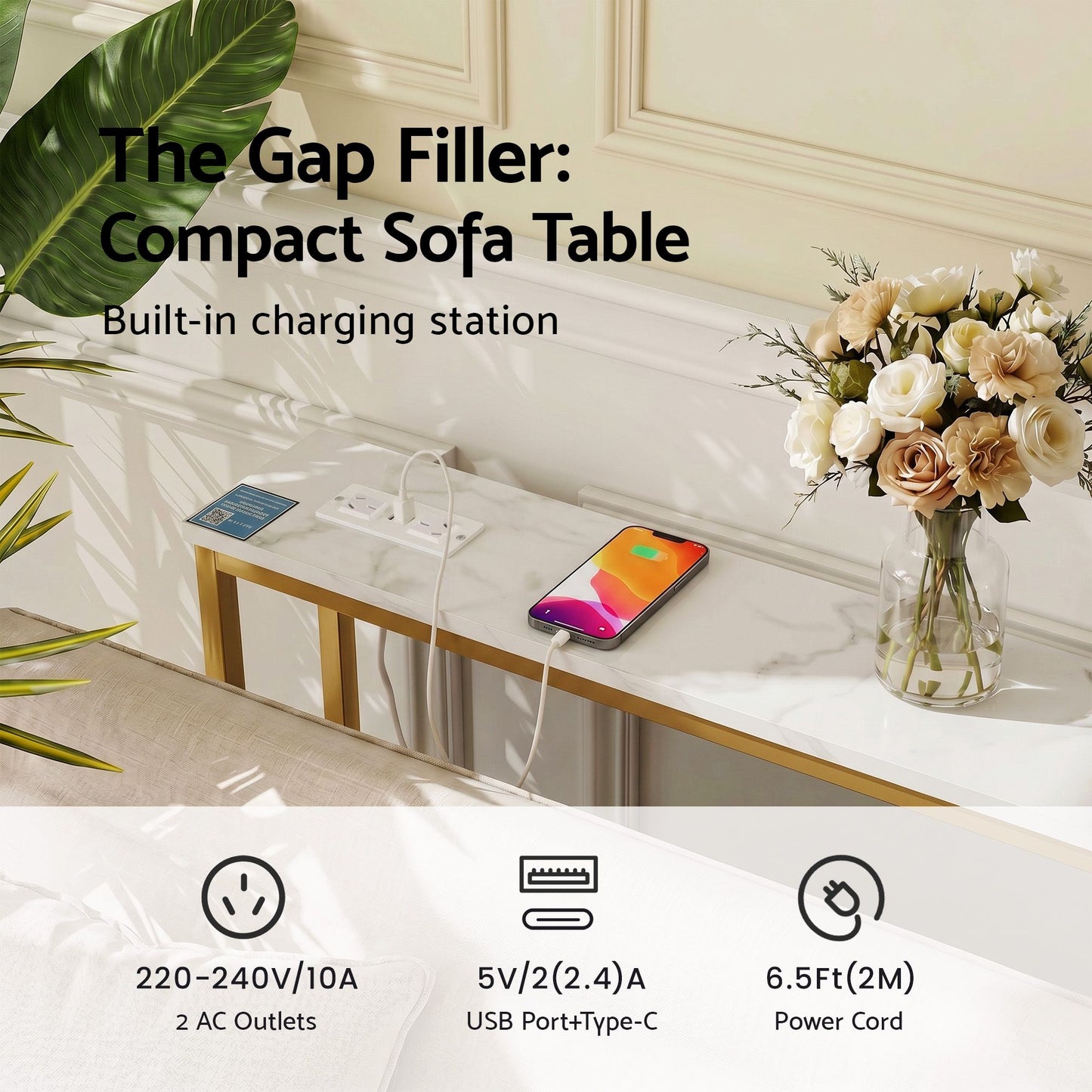 Artiss Console Table Entryway Hallway Display Desk Charging Station Marble Finish White & Gold
