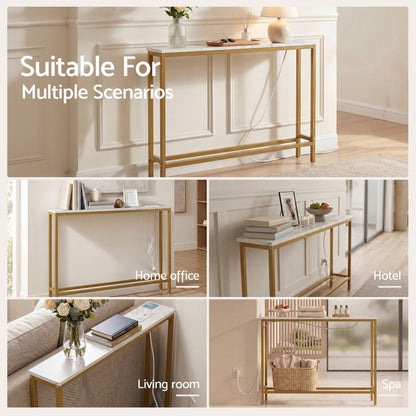 Artiss Console Table Entryway Hallway Display Desk Charging Station Marble Finish White & Gold