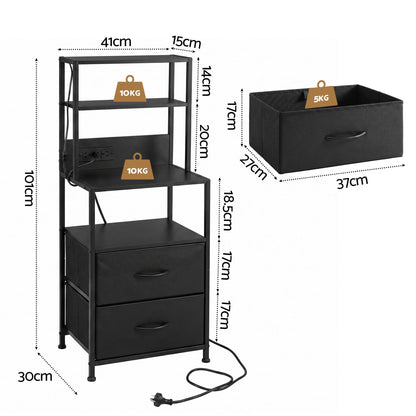 Artiss Bedside Table Tall Nightstand with Charging Station Drawers LED Black