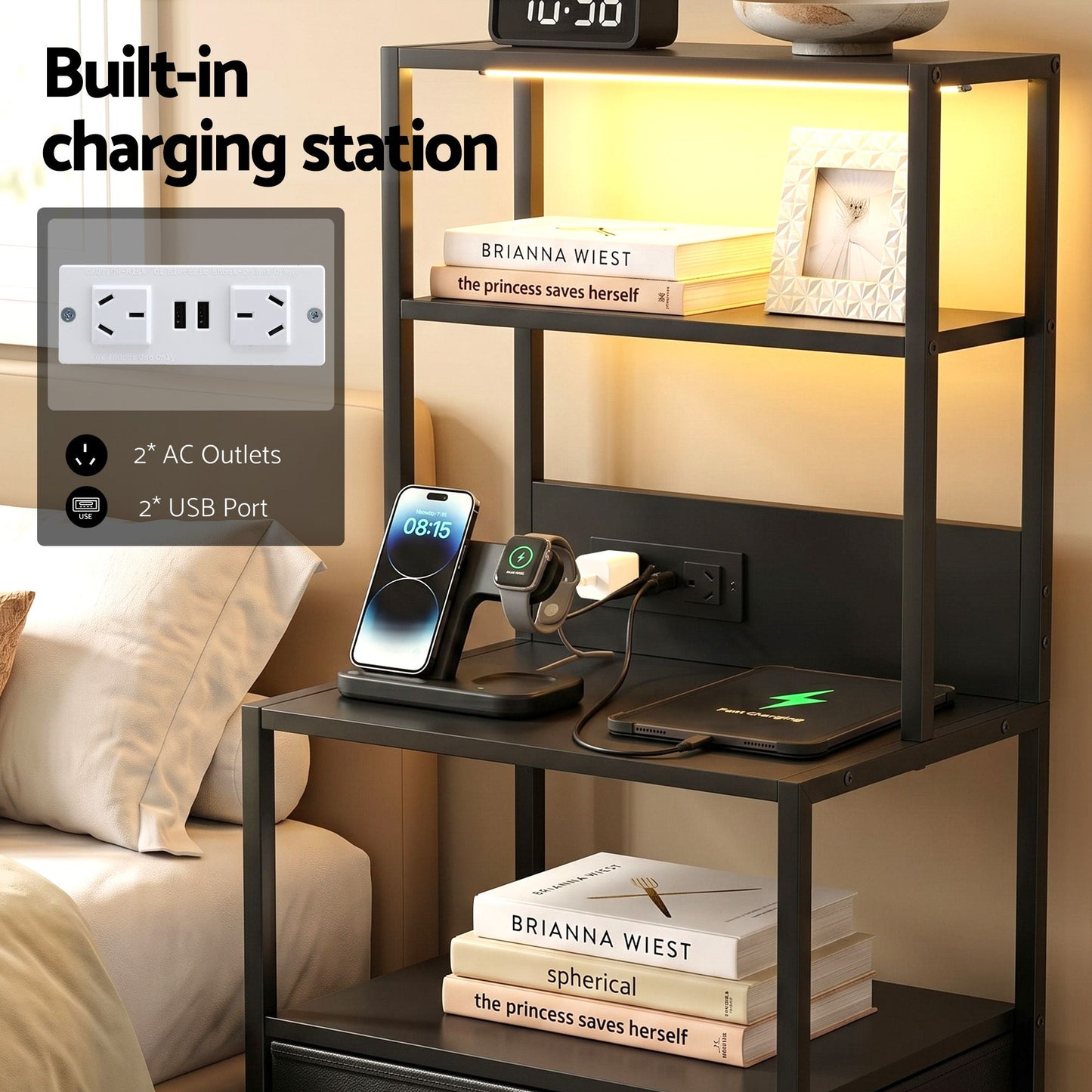 Artiss Bedside Table Tall Nightstand with Charging Station Drawers LED Black
