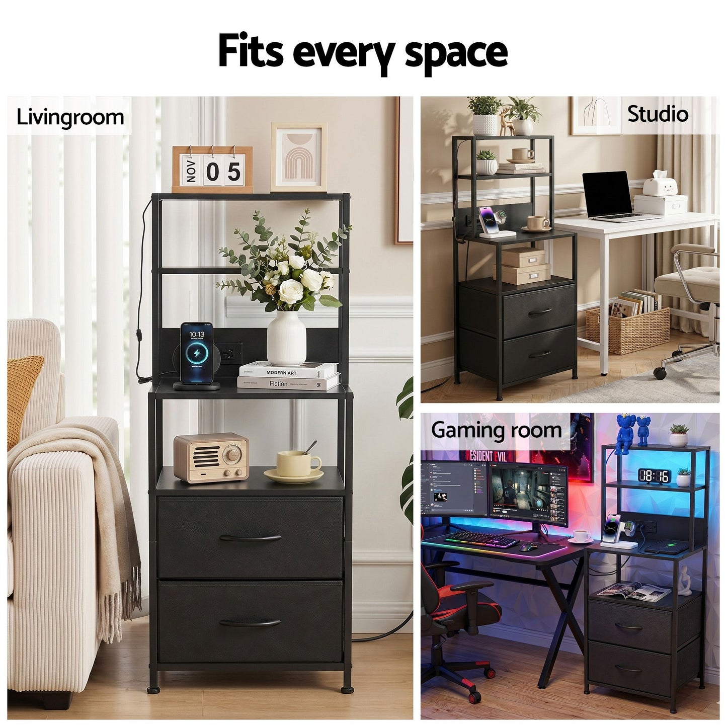 Artiss Bedside Table Tall Nightstand with Charging Station Drawers LED Black