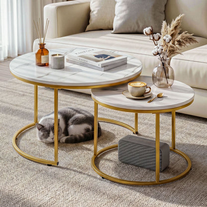 Artiss Nesting Coffee Table Set of 2 Round Marble Effect 70/50cm White & Gold
