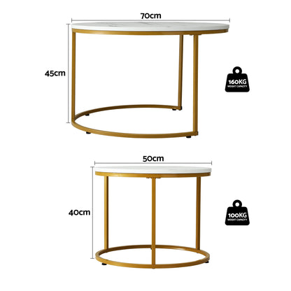 Artiss Nesting Coffee Table Set of 2 Round Marble Effect 70/50cm White & Gold
