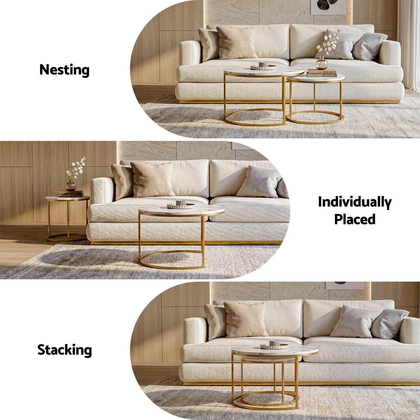 Artiss Nesting Coffee Table Set of 2 Round Marble Effect 70/50cm White & Gold
